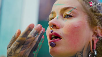 Tattoo girl solo anal play with big dildo sexy fishnets highheels stocking