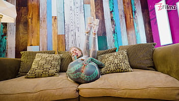 Tattoo girl solo anal play with big dildo sexy fishnets highheels stocking