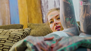 Tattoo girl solo anal play with big dildo sexy fishnets highheels stocking