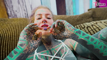 Tattoo girl solo anal play with big dildo sexy fishnets highheels stocking