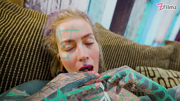 Tattoo girl solo anal play with big dildo sexy fishnets highheels stocking