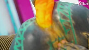 Tattoo girl solo anal play with big dildo sexy fishnets highheels stocking