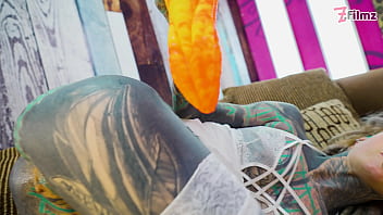 Tattoo girl solo anal play with big dildo sexy fishnets highheels stocking