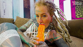 Tattoo girl solo anal play with big dildo sexy fishnets highheels stocking