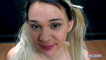 Brunette cutie sabrina masturbates and sucks a juicy cock to get jizzed