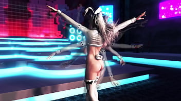 Playful slender girl in revealing outfit dancing on the strip club stage