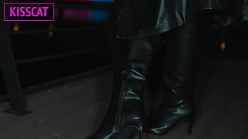 Hottie with tattoo on big tits in leather coat gets fucked hard in pov till cum inside pussy