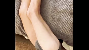 Sneak peak from above stretching in grey briefs on stool and bed