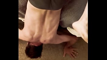 Sneak peak from above stretching in grey briefs on stool and bed