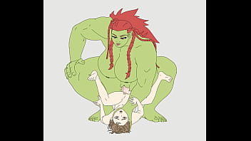 A orc woman ride a short men