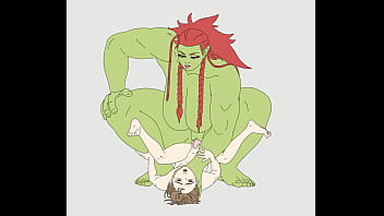 A orc woman ride a short men