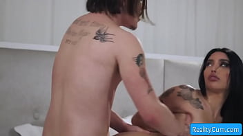 Lovely black haired teenager enjoy massive dick inside her shaved wet cunt