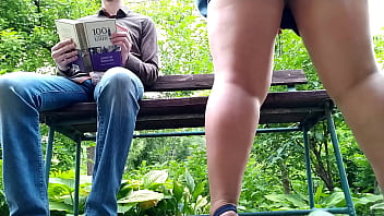 Curvy milf in pantyhose peeing next to me in the park view from below