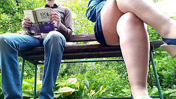 Curvy milf in pantyhose peeing next to me in the park view from below