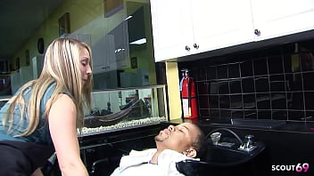 Fit blonde nymphomaniac hairdresser girl with small tits seduce big black guy client to fuck at her job