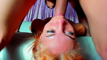 After a good blowjob she lies face up on the couch to swallow the whole cock