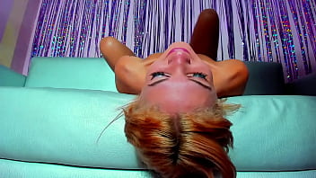 After a good blowjob she lies face up on the couch to swallow the whole cock