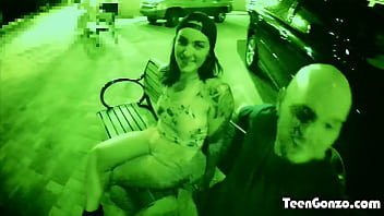 Horny brunette teen sucks cock in public then has her pussy pounded