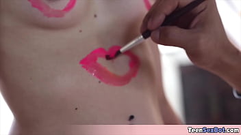 Cute blonde model waiting to be painted and fucked