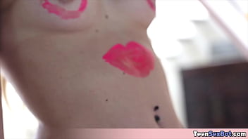 Cute blonde model waiting to be painted and fucked