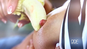 Russian beauty bangs her pink pussy with big banana