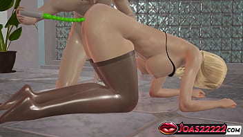 Animation of sexy blonde with big boobs fingering wet pussy and anal vibrator stimulation for intense orgasm