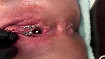 Pierced clit hard rubbing in latex gloves and hard stream pee