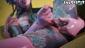 Sexy tattooed stunner in tight latex giving herself a deep double fill with toys