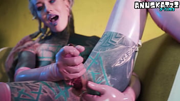 Sexy tattooed stunner in tight latex giving herself a deep double fill with toys