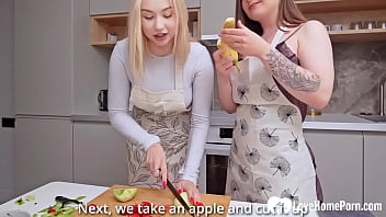 Two babes fucked hard in the kitchen