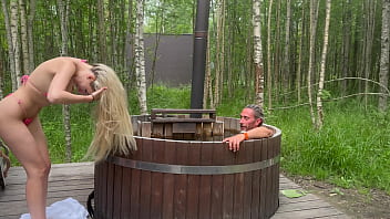 Outdoor sex in hot bath with cute blonde