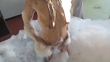 Spying on a brunette bathing a guy in feminine clothing comes in and fucks her in the pear shaped ass and buries his cock in her anus busty and big ass latina brunette