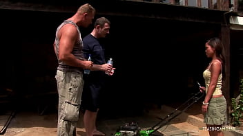 She notices two big and strong men working so she wants to get double penetrated