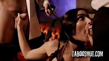 Hot brunette babe in sexy lingerie submits for her doms