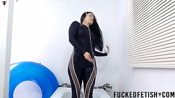 Curvy darkhair wetlook neoprene