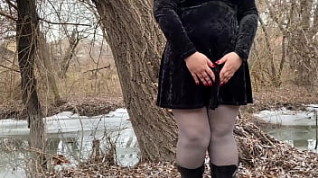 Mother In Law In White Pantyhoses And Big Panties Pees Outdoors thumbnail