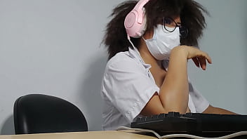 Beautiful student is getting excited while singing while doing homework