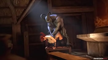 Sexy redhead has sex with a demon in the sauna