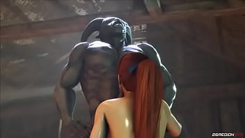 Sexy redhead has sex with a demon in the sauna
