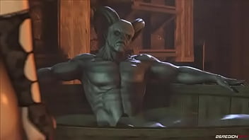 Sexy redhead has sex with a demon in the sauna