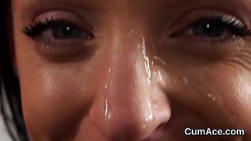 Horny centerfold gets sperm shot on her face sucking all the jism
