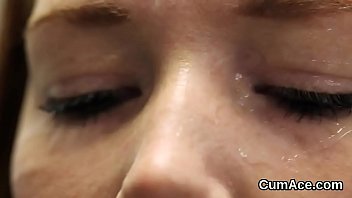 Horny centerfold gets sperm shot on her face sucking all the jism