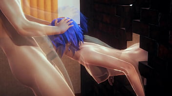 Japanese man fucks woman with blue hair