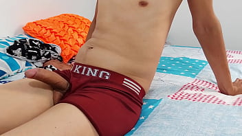 Skinny guy takes out his good cock and starts touching himself