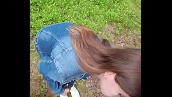 Brunette babe loves sucking my cock outdoors