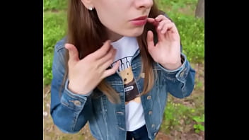 Brunette babe loves sucking my cock outdoors