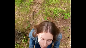 Brunette babe loves sucking my cock outdoors