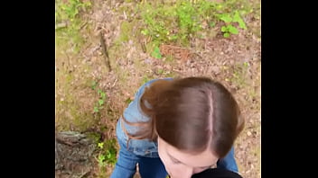 Brunette babe loves sucking my cock outdoors