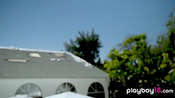 Glamorous big tits nude blondie posing by the pool outdoor