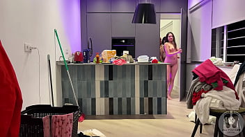 Ggg cleaning tidying kitchen sweeping the floor full naked